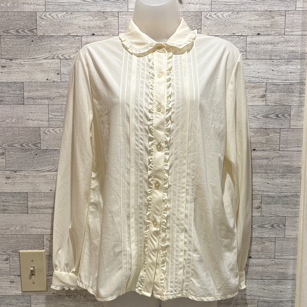 Fire Islander Ivory Button-Up Blouse with Ruffle Trim